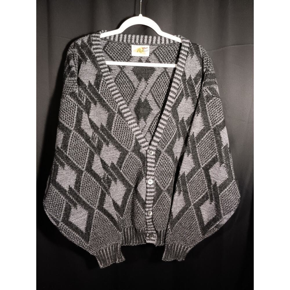 Vtg Poplar Black Gray Diamond Knit Button Front Oversized Cardigan XL USA Made - Picture 2 of 6